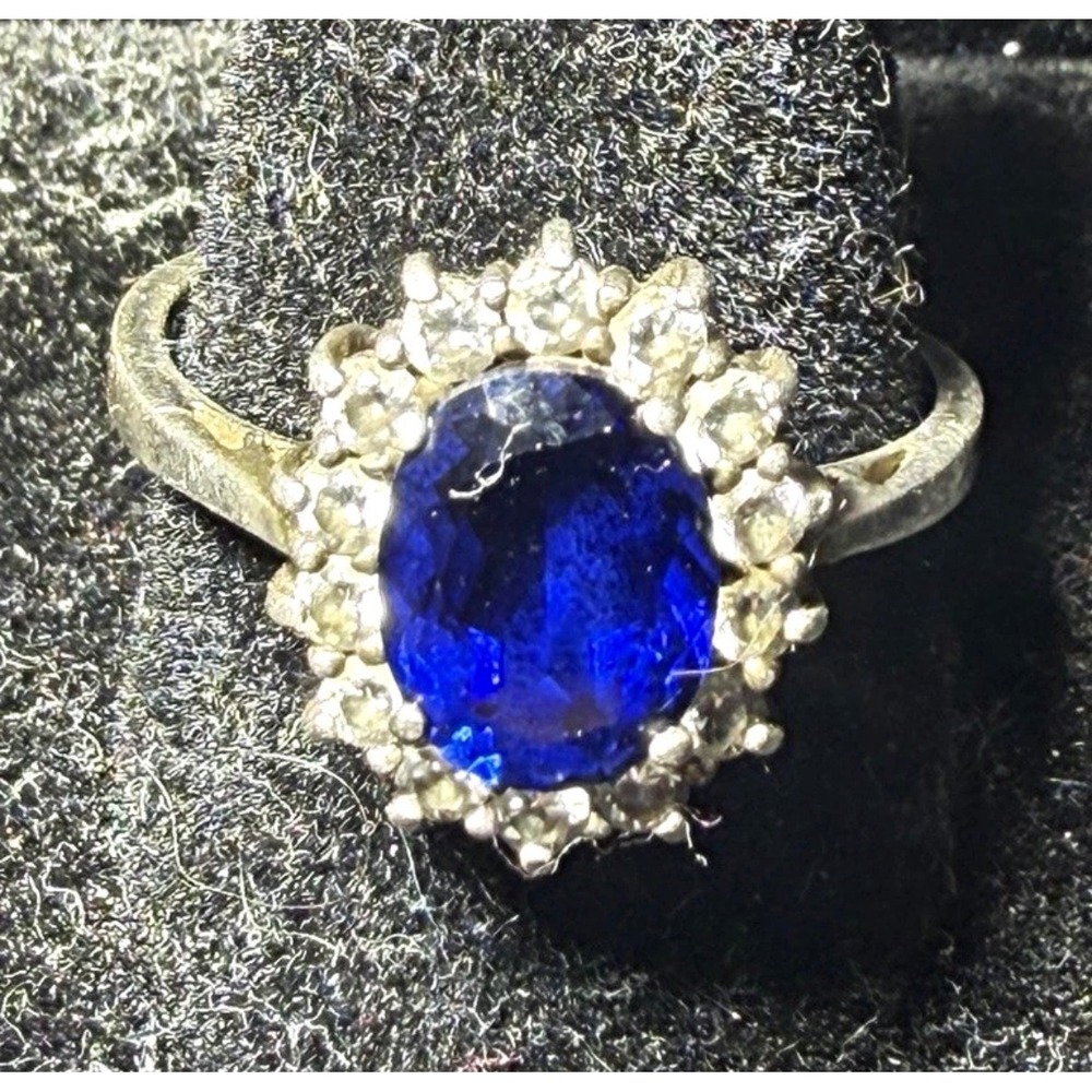 925 Sterling Silver Blue Sapphire Halo Ring Vintage Oval Sunburst Size 7.75